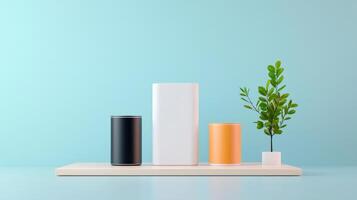 Three cans of different colors are on a wooden shelf next to a plant photo