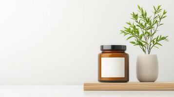 A jar of brown liquid sits on a shelf next to a plant photo