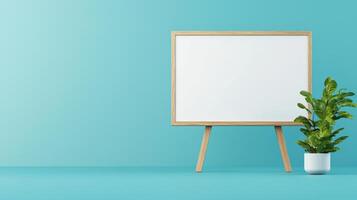 A white board is standing on a wooden stand in front of a blue wall photo