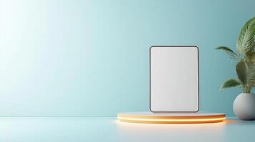 A white box sits on a pedestal in front of a blue wall photo