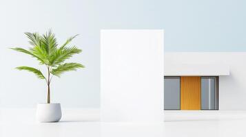 A white building with a large window and a wooden door photo