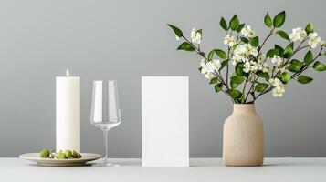 A candle, a wine glass, and a white card are on a table photo