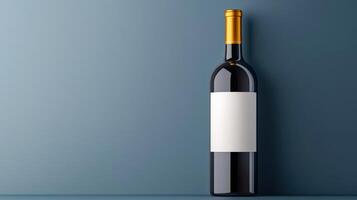 A bottle of wine is displayed on a blue wall photo