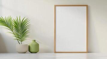 A white framed picture sits on a table next to two green vases photo