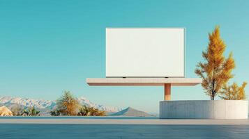 A large white billboard is suspended in the air above a concrete wall photo