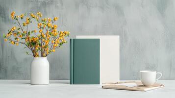A white vase with yellow flowers sits on a table next to a green book photo