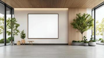 A large white wall with a black frame and a white sign photo