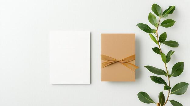 A white card with a brown ribbon is placed next to a leafy green branch photo
