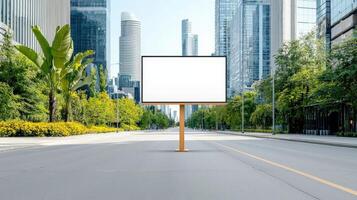 A large white billboard is standing in the middle of a city street photo