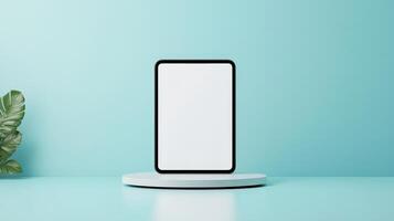 A white tablet is sitting on a white pedestal photo