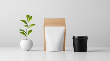 A white and brown paper bag with a plant in a white vase sits on a table photo