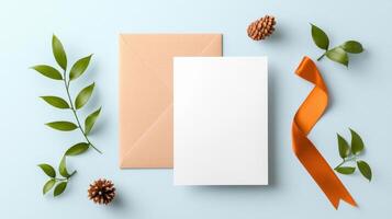 A white card with a brown envelope sits on a blue background photo