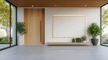 A large white wall with a black door and a white framed picture photo