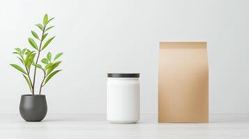 A white jar and a brown bag are on a table next to a potted plant photo