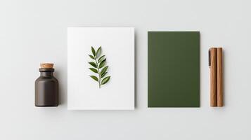 A black bottle of cork stopper sits on a white background with a leaf on top photo