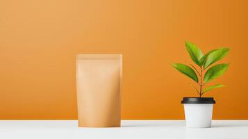 A brown bag sits on a table next to a potted plant photo