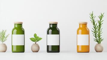 Three bottles of different colored liquids with a white label on them photo