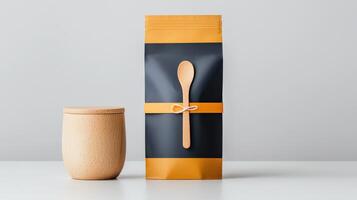 A bag of coffee beans with a spoon tied to it photo