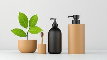 A black bottle of shampoo sits on a wooden stand next to a small plant photo