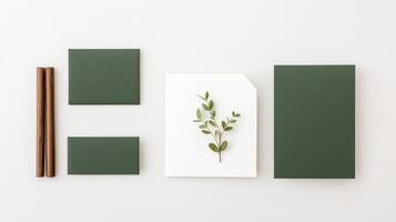 A green card, envelope, and postcard with a leaf on top photo