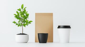 A white cup, a black cup and a brown bag are placed on a white background photo