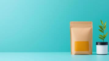 A brown bag with a yellow label sits on a table next to a potted plant photo