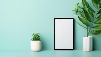 A white tablet sits on a table next to two potted plants photo