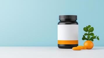 A bottle of pills sits on a table next to an orange photo
