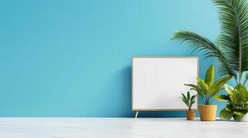 A white framed television sits in front of a wall with a blue background photo
