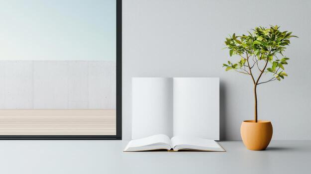 A book is open on a table next to a potted plant photo