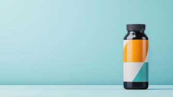 A bottle of medicine is sitting on a blue background photo