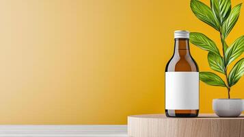 A bottle of liquid is on a table next to a plant photo