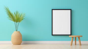 A white framed picture sits on a wooden stool in a room with a blue wall photo