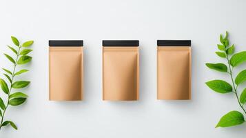 Three brown paper bags with a leaf on the right photo
