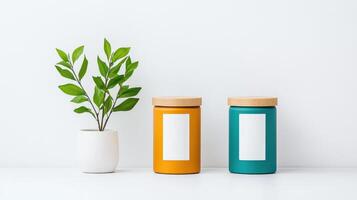 Two green and yellow containers with white labels sit on a white table next to a photo
