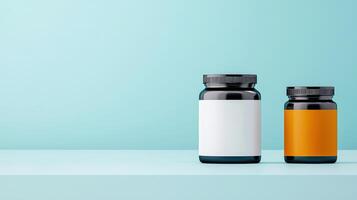 Two jars of different colors sit on a shelf photo
