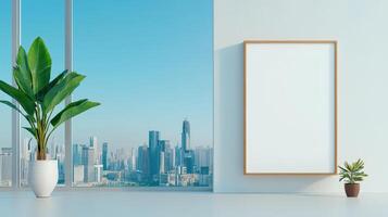 A white framed picture sits in front of a window with a view of a city photo