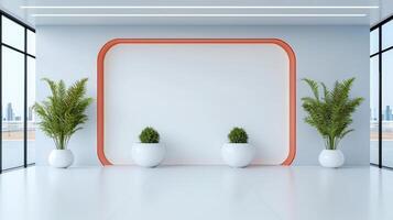 A white room with a red wall and two potted plants photo