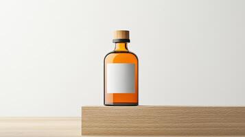 A bottle of alcohol sits on a wooden surface photo