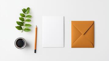 A white envelope sits on a table next to a pencil and a cup of coffee photo