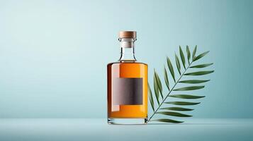 A bottle of liquor with a leaf on the side photo