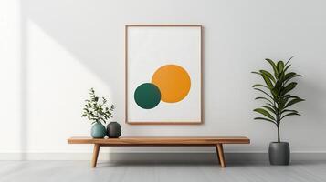 A framed picture of two ovals is hanging on a white wall photo