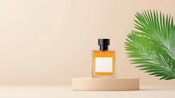 A minimal bottle of perfume is displayed on a pedestal next to a leaf photo