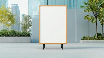 A white board is standing in front of a building with a tree in the background photo