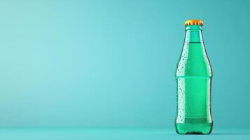 A green bottle of water with a yellow cap photo