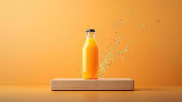 A bottle of orange juice is on a wooden table with a splash of orange juice on t photo