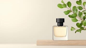 A bottle of perfume is displayed on a wooden shelf next to a leafy green plant photo