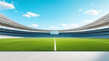 A football field with a large empty stadium in the background photo