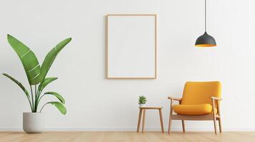 A white room with a yellow chair and a potted plant photo