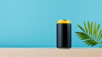 A black can of soda sits on a wooden table next to a leafy green plant photo